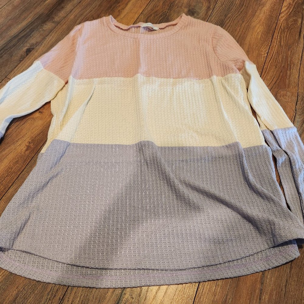 NWOT Veveret Light Pink, White & Lavender Waffle Knit Long Sleeve Top